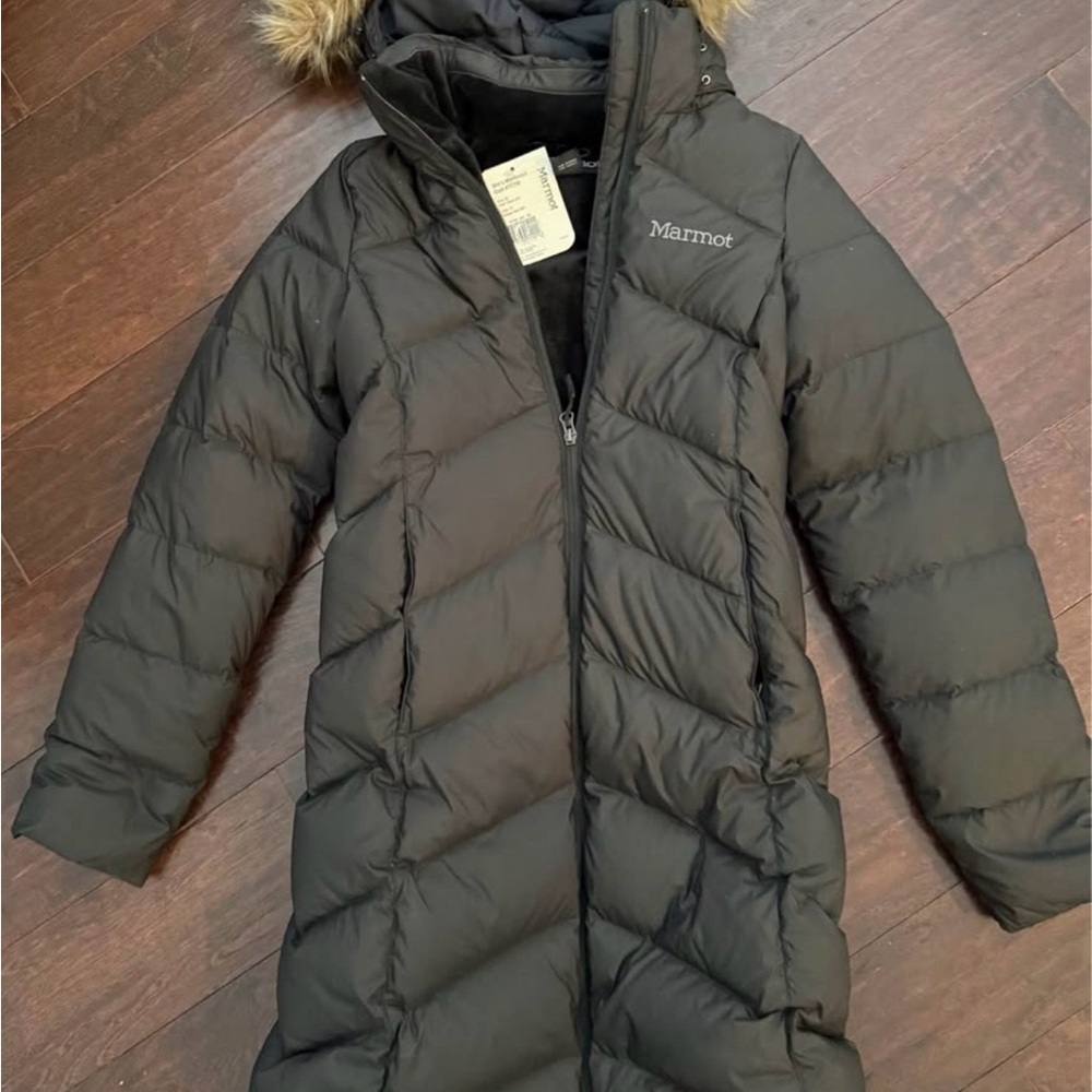 Marmot Charcoal Puffer Jacket with Faux Fur Trim